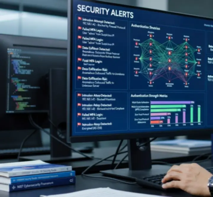 Specjaliści ds. cyberbezpieczeństwa analizują zabezpieczenia firmowej infrastruktury